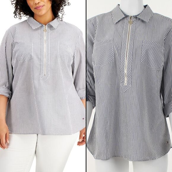 Tommy Hilfiger Plus Size Striped Roll-Tab Top - Picture 1 of 5
